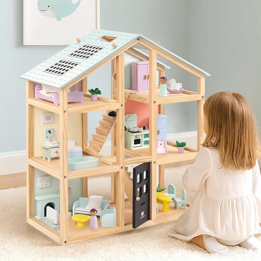 Wooden Dollhouse, 6 Rooms Doll House with 38 Pcs Furniture Set, DIY Pretend Modern Playhouse, 3-Story Kids Dollhouse, Ideal Gift for Kids Ages 3+