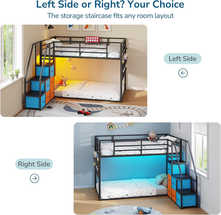 Low Bunk Bed Twin over Twin with 6 Storage Drawers and 6-Pocket Organizer, Reversible Storage Staircase(Left or Right), Bunk Bed for Kids with LED Lights,Metal Frame with Safety High Guardrails, Black