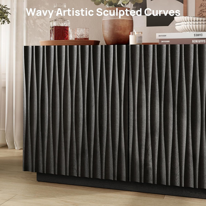 70" Fluted Mid Century Modern Sideboard Buffet Cabinet with Storage, Black