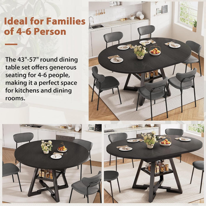 Expandable Kitchen Dining Table for 4-6, Oval round Dining Table with Storage Shelf and Removable Extension Leaf, Space Saving Pedestal Table for Dining Room, Modern Industrial Style (Black)