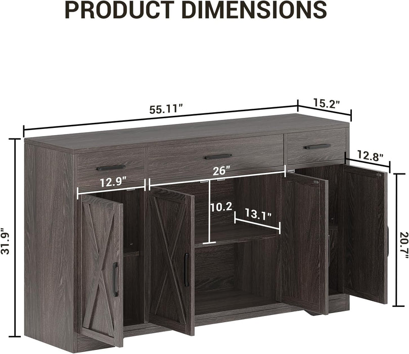 55 in Large Buffet Sideboard Cabinet with Storage 4 Doors and 3 Drawers Kitchen Storage Cabinet Coffee Bar Buffet Table for Dining Room, Living Room, Adjustable Shelf