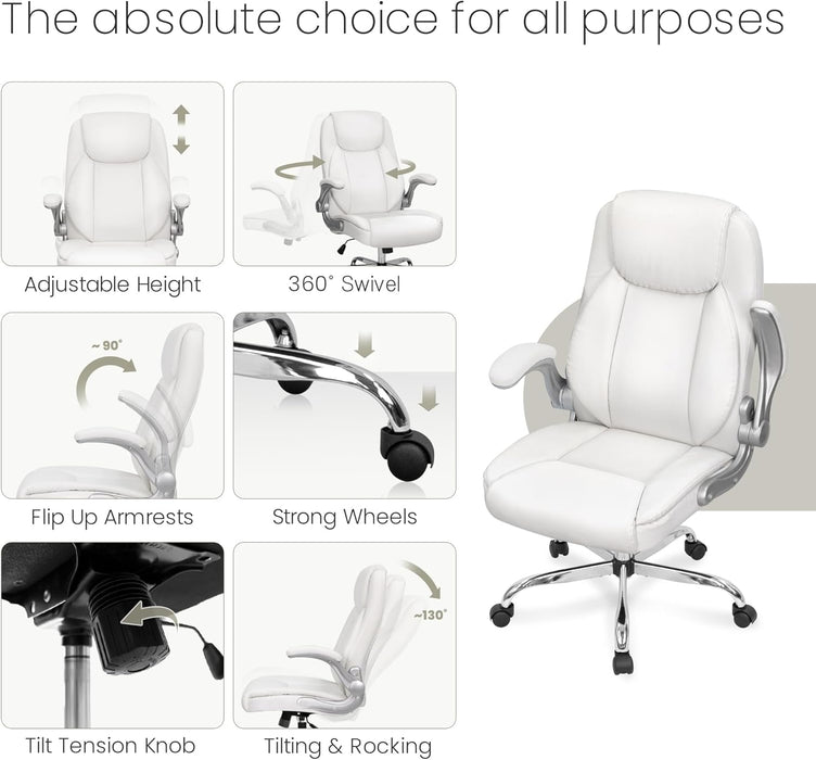 Ergonomic Office Chair PU Leather Executive Chair Padded Flip up Armrest Computer Chair Adjustable Height High Back Lumbar Support Wheels Swivel for Gaming Desk Chair (White)
