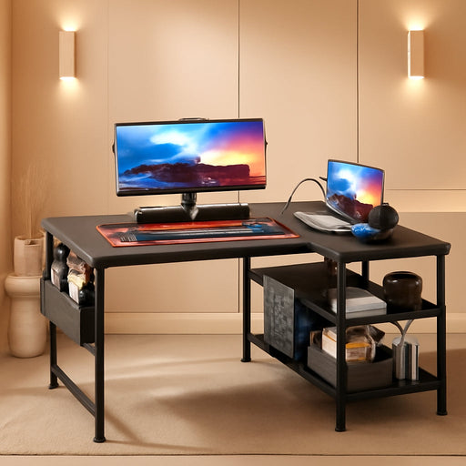 40 Inch Small L Shaped Gaming Computer Desk with Power Outlets, Reversible Storage Shelves & PC Stand for Home Office, Simple Writing Study Table with Storage Bag for Small Space, Black