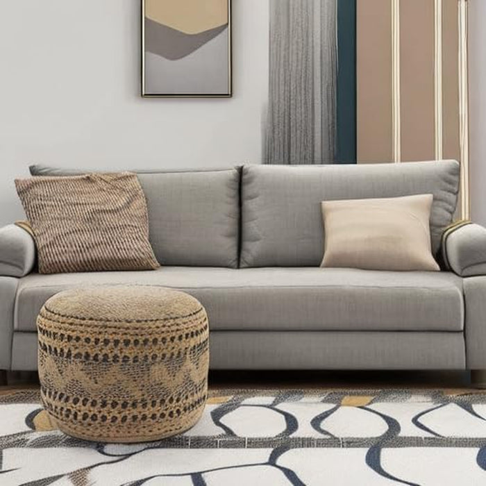 LR Home Tan/Black round Ottoman Pouf for Home Decor | Striped Hand-Woven Jute Cotton Blend round Pouf Ottoman Foot Rest for Bedroom & Living Room Decor | 18" X 18"W X 14"H