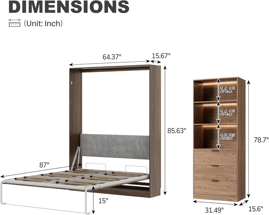 Queen Murphy Bed,Farmhouse Guest Beds,Folding Wall Bed with Hydraulic Bar,64" W Twin Murphy Beds with 2 LED Storage Cabinet for Small Spaces/Offices/Apartments/Guest Room,Brown+Walnut