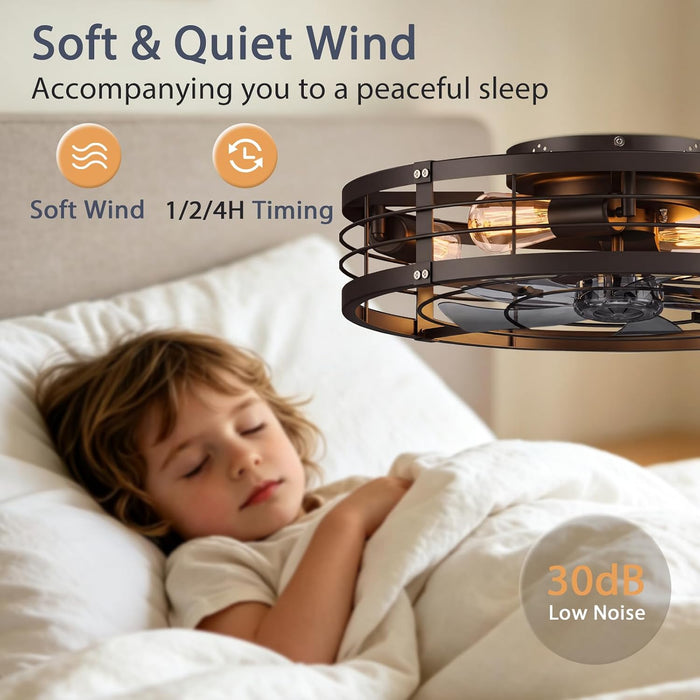 24'' Caged Ceiling Fan with Light and Remote,Rustic Low Profile Ceiling Fan with Light Flush Mount, Black Farmhouse Bladeless Fandelier Ceiling Fans with Lights for Kitchen,Bedroom