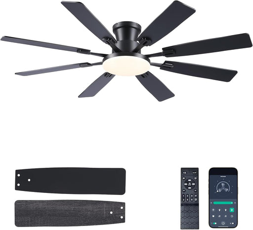 60Inch Ceiling Fan with Lights and Remotes, Large Low Profile Flush Mount Ceiling Fans,Dc Reversible Motor, 3CCT Dimmable,Noiseless,Dual Finish, Black 6 Speeds Ceiling Fan for Indoor/Outdoor