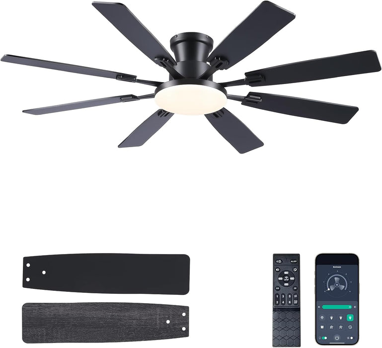 60Inch Ceiling Fan with Lights and Remotes, Large Low Profile Flush Mount Ceiling Fans,Dc Reversible Motor, 3CCT Dimmable,Noiseless,Dual Finish, Black 6 Speeds Ceiling Fan for Indoor/Outdoor