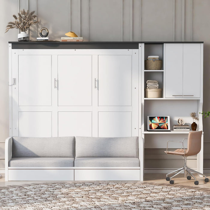 Queen Murphy Bed With Sofa Desk Storage WhiteGlossFinish