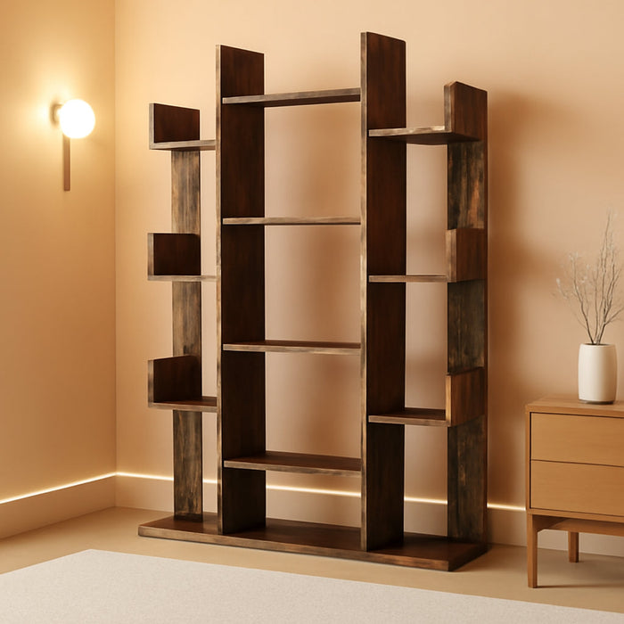 Bookshelf, Tree-Shaped Bookcase with 13 Storage Shelves, Rounded Corners, 9.8”D X 33.9”W X 55.1”H, Rustic Brown ULBC67BXV1
