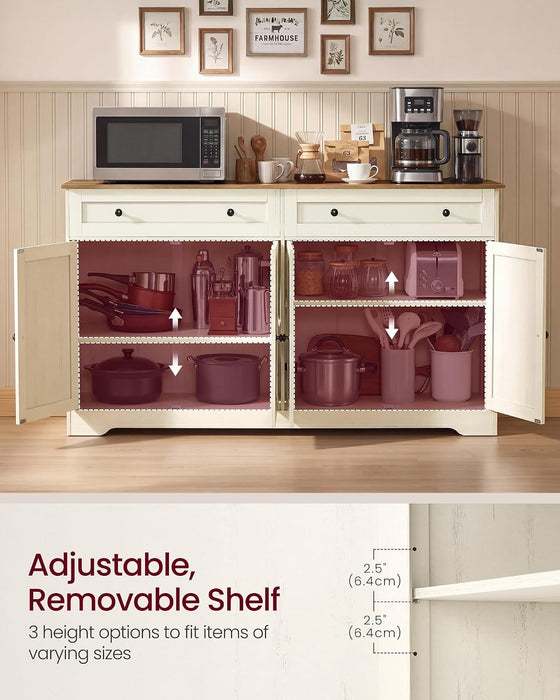 Siren Collection - Buffet Cabinet, Farmhouse Coffee Bar Cabinet with 2 Drawers, Adjustable Shelves, 4 Doors, Sideboard, 15.8 X 55.1 X 31.5 Inches, Rustic White and Honey Brown ULSC541WJ01S