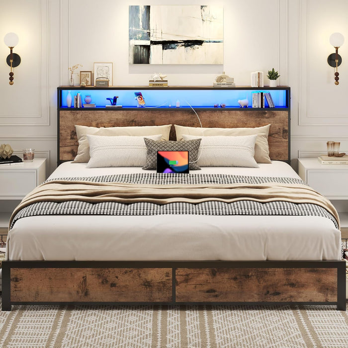 Queen Bed Frame with 2-Tier Storage Headboard, Metal Platform Bed Frame with 4 Storage Drawers, Built in Charging Station & LED, Noise-Free/Metal Support/No Box Spring Needed, Rustic Brown