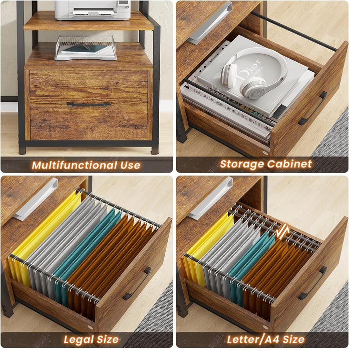 Home Office Desk with File Drawer & Power Outlet, 66'' Computer Desk with 5 Drawer, Storage Shelves, Printer Cabinet and Monitor Shelf, Gaming Desk with Led Lights, Rustic Brown