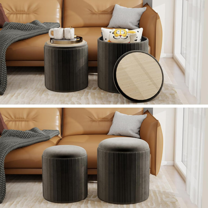 round Ottoman with Storage Set of 2, Upholstered Velvet Storage Ottoman, Vanity Stool for Makeup, Foot Rest for Living Room, Bedroom, Black
