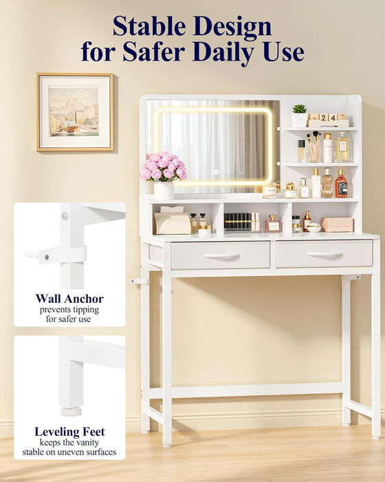 Small Makeup Vanity with Lights, Open Shelves, Fabric Drawers | Bedroom, Gifting, 3 Lighting Modes, Stable Frame, 31.5" X 15.8" X 51.2"
