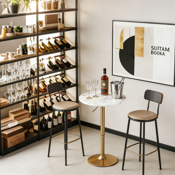 Round Cocktail Table Gold Height Adjustable 27.9''-35.4'' Pub Bar Table with Metal Base, Modern Sturdy Stylish for Kitchen, Dining Room, Office, Home Bar