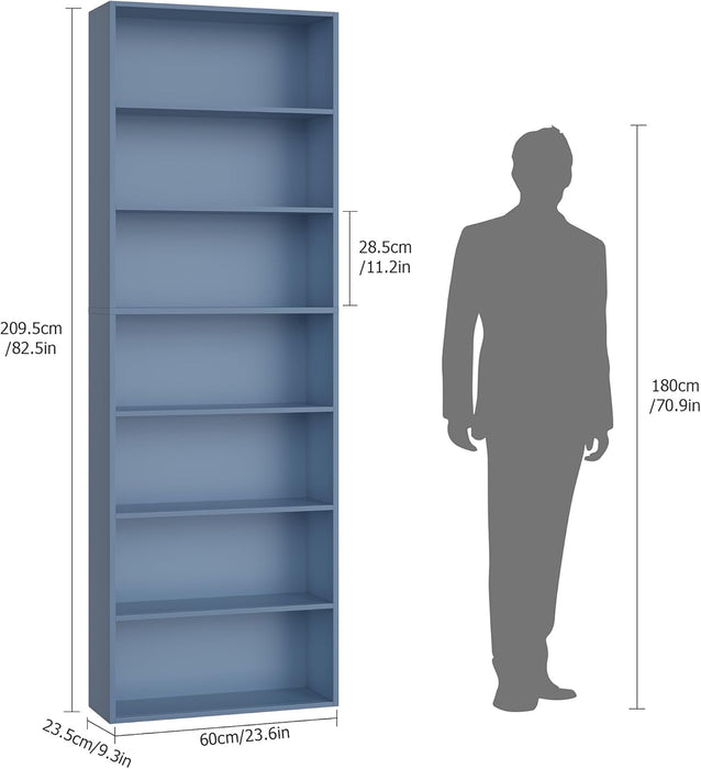 82" Tall Bookshelf Bookcase, 7-Tier Open Display Shelves, Blue