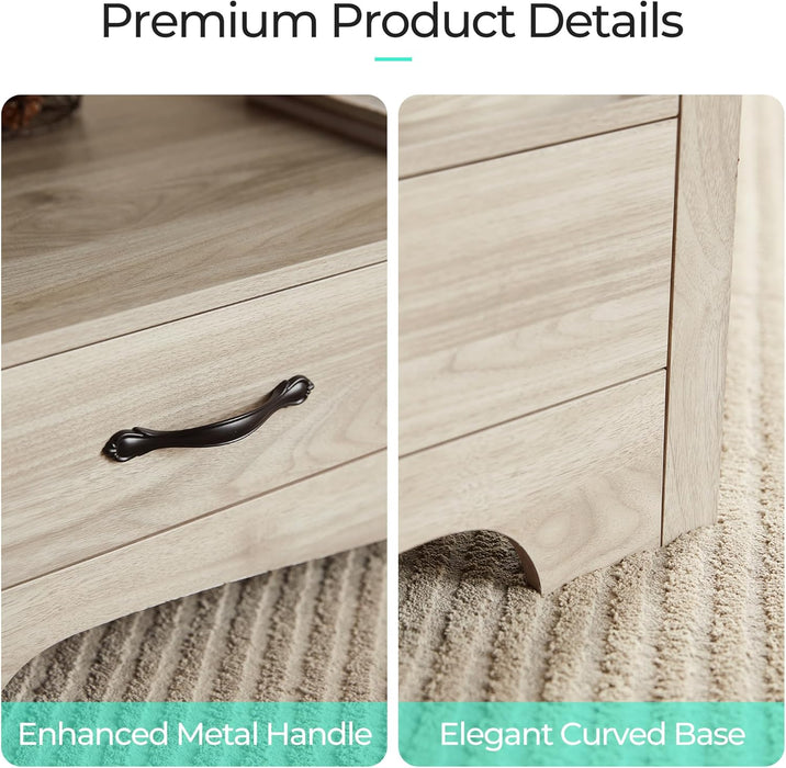 Farmhouse Coffee Table with Storage, Wood Coffee Table for Living Room, Open Display Area and Storage Drawers with Metal Handles, Chic Style with Curved Base. Oak and Brown