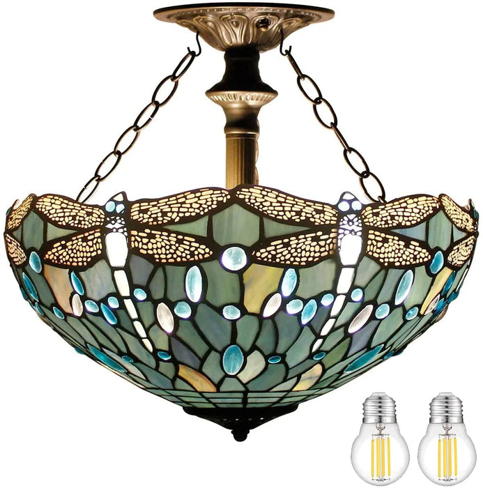 Tiffany Ceiling Light Fixture Semi Flush Mount 16" Sea Blue Stained Glass Dragonfly Shade Close to Dome Island Boho Hanging Lamp Decor Bedroom Kitchen Dining Living Room Entry Foyer Hallway