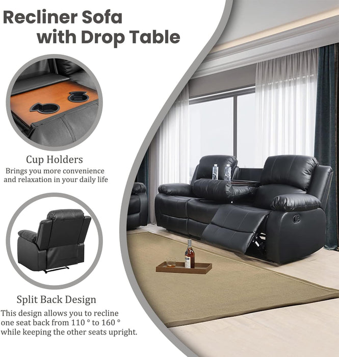 Manual Recliner Sofa Set, Bonded Leather Sofa Set Living Room Furniture, Reclining Sofa Set Leather Recliner Couch with Cup Holder/Storage Console for Living Room (3 Pieces Couch Set,Black)