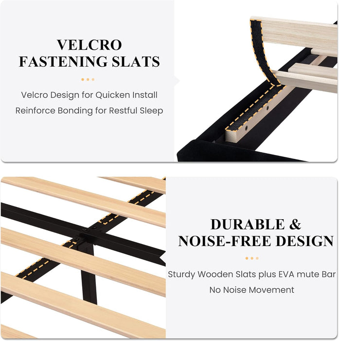 Queen Platform Bed Frame with Velvet Upholstered Headboard, Mattress Foundation with Strong Wooden Slats Support, No Box Spring Needed, Black