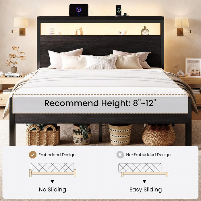 Queen Bed Frame, 2-Tier Storage Headboard, LED, Charging Station