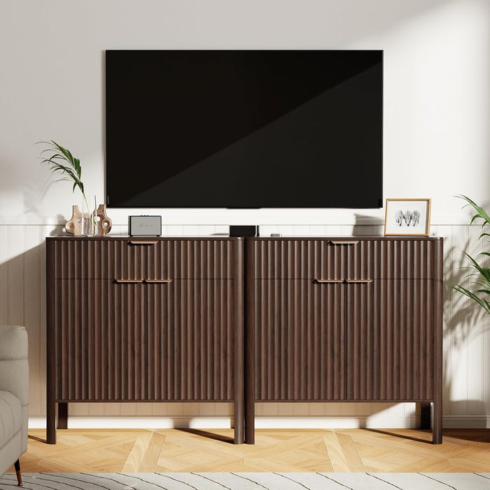Fluted Buffet Cabinet Accent with Doors & Drawer 31" Walnut | Anti-Tipping Design, Scratch & Water-Resistant, Pre-Drilled Easy Assembly Versatile for Kitchen, Entryway & Living Room