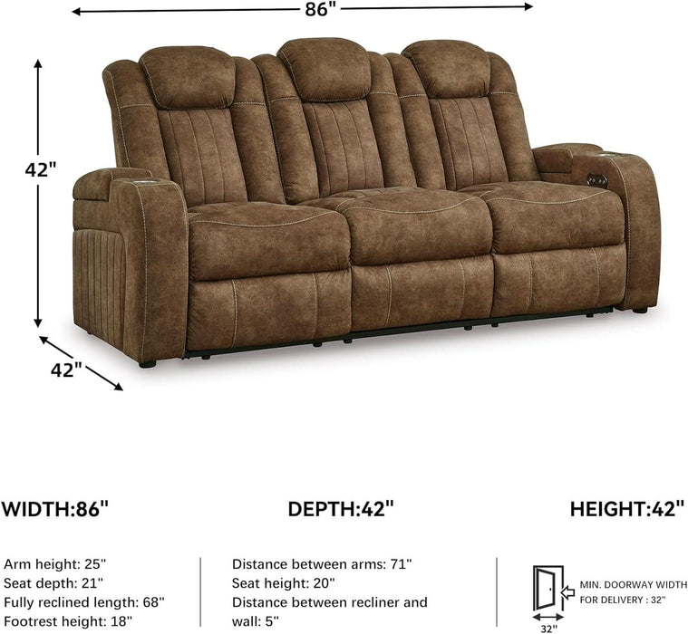 Wolfridge Contemporary Faux Leather Power Reclining Sofa with Drop down Table, LED Lights, Electrical Outlet, Wireless Charging, USB Ports and Cup Holders, Light Brown