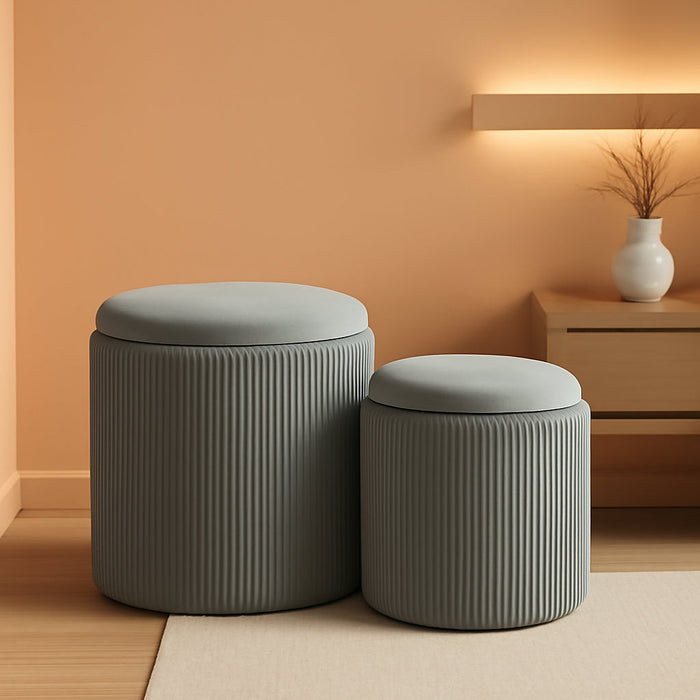 Round Set of 2 Ottoman with Storage-Upholstered Velvet Vanity Stool for Makeup Multifunctional Ottomans Coffee Table Padded Seat Foot Rest for Living Room&Bedroom (Ligth Grey)