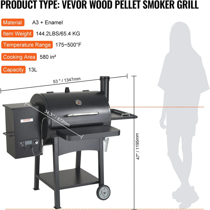 Smoker Grill, Portable Wood Pellet Grill with Cart, 500°F Max Temperature, 580 SQ.IN Cook Area, 8 in 1 BBQ Grill with PID Temperature Control & Meat Probe for Outdoor Cooking, Camping, Backyard