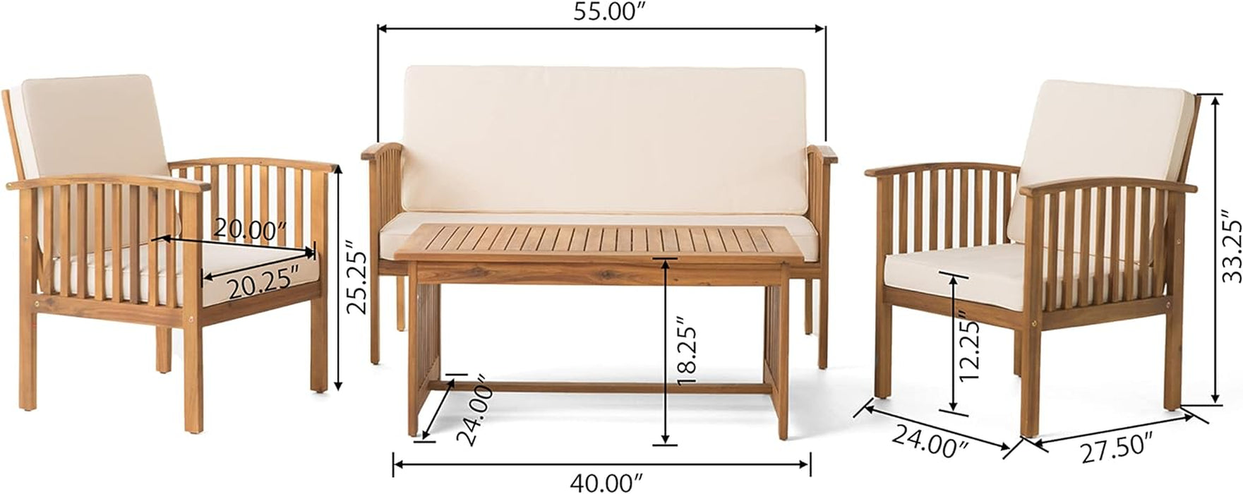 Patio Furniture Set 4 Pieces Outdoor Acacia Wood Conversation Sets with Coffee Table & Cushions, Garden Conversation Bistro Sets for Patio, Lawn, Yard, Pool or Backyard, Brown