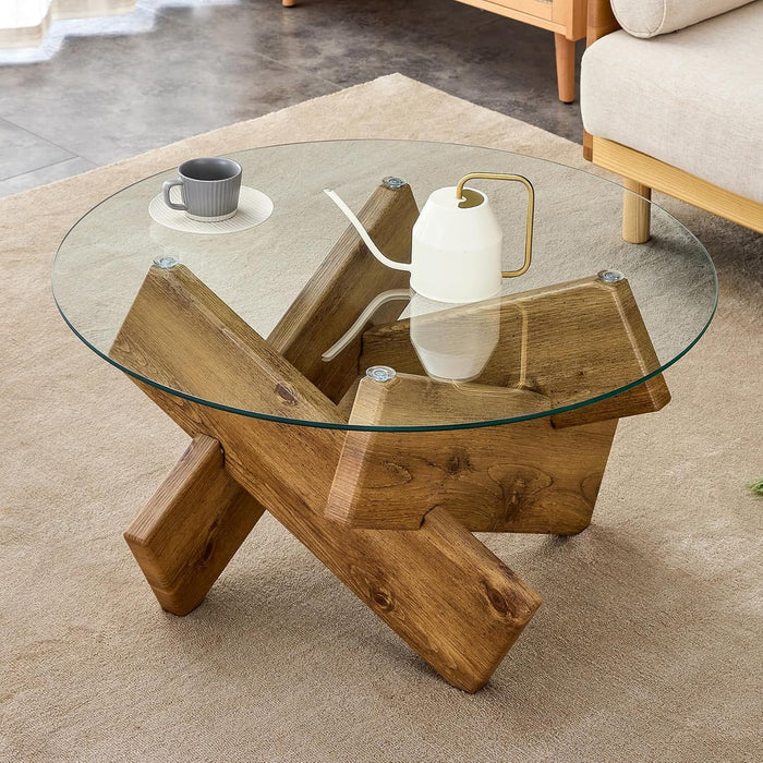 Round Glass Top Coffee Tables for Living Room, 33.4 Inch Rustic Farmhouse Center Table, Mid Century Circle Cocktail Table with Wood Crossed Legs