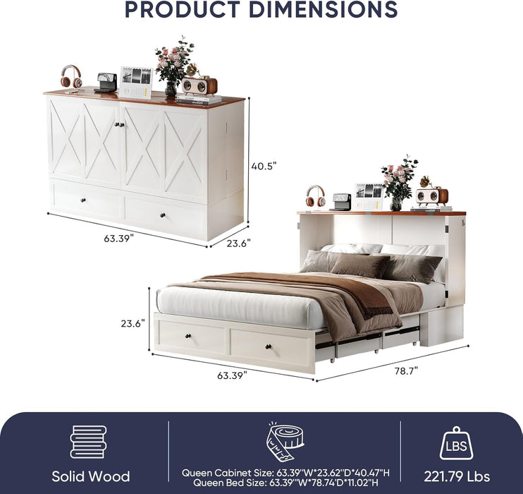 Queen Murphy Bed with Storage & Multifunctional Charging Station, Farmhouse Murphy Cabinet Bed with Foldable Panel, Space-Saving Beds for Guest Bedroom, Living Room-White & Brown,With Mattress