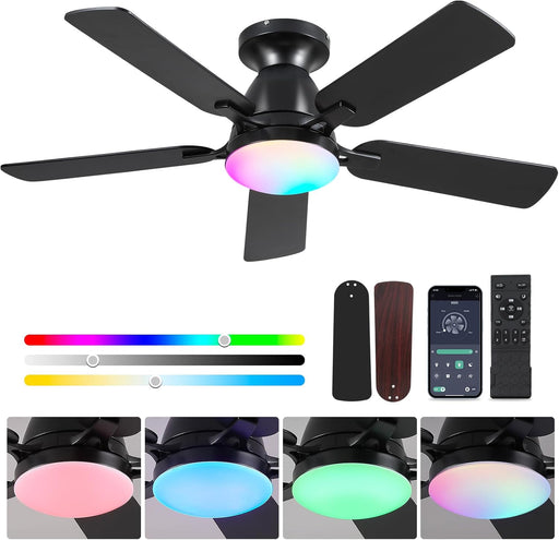 Ceiling Fans with Lights- 46" RGB Low Profile Indoor Ceiling Fan with Light and Remote/App Control, Flush Mount, LED Dimmable DC Reversible Modern Ceiling Fan for Bedroom（Black