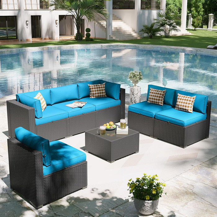 Patio Furniture Set, 7 Piece Outdoor Sectional Sofas with Waterproof Cover, Wicker Rattan Outdoor Furniture Patio Conversation Set for Backyard, Garden Peacock Blue