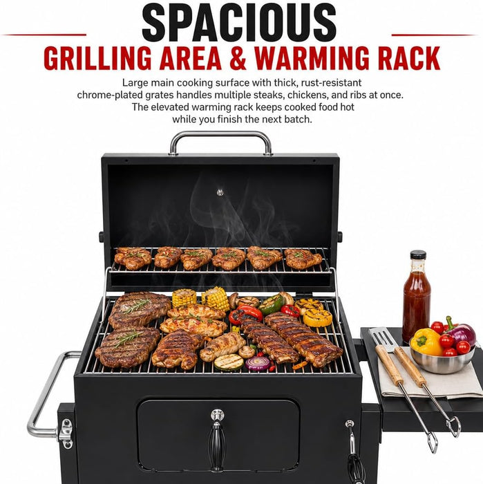 Charcoal Grill Outdoor BBQ Smoker with Height-Adjustable Charcoal Pan Crank Handle, Large Barrel Barbecue Grill with Front Access Door, Foldable Side Table & Removable Ash Tray for Backyard Garden