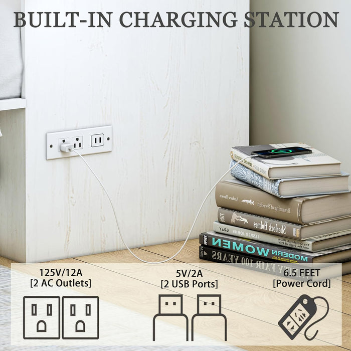 Queen Size Multi-Functional Murphy Cabinet Bed with Charging Station, Farmhouse Queen Size Bed Frame with Drawer, Hidden Folding Murphy Bed Chest for Bedroom, Rustic White