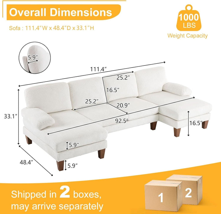 U-Shape Sectional Sofa Couch 111" Modern 4-Seat Sofa with Chaises Corduroy Fabric Upholstered Covertible Couch with Wood Grain Legs for Living Room, Reception Room, Apartment, Beige