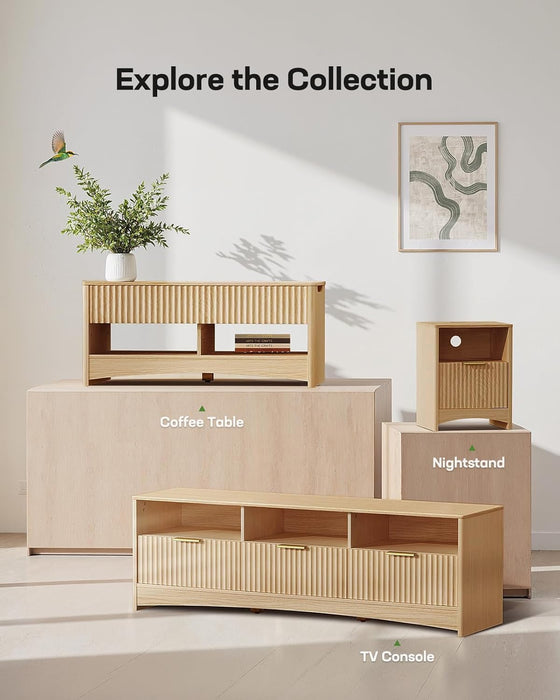 59″ Wide TV Stand for Tvs up to 65″, Modern Entertainment Center with Fluted Panels, 3 Easy-Sliding Drawers, Open Shelves & Cable Hole, 3-Tier TV Stands for Living Room & Bedroom, Natural Oak