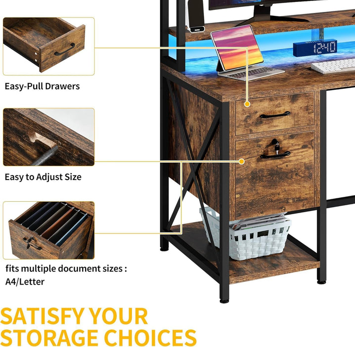 Computer Desk with Drawers & Hutch, 59.1" Office Desk with Power Outlets & LED Lights, Home Office Desk with Storage Shelves, Rustic Brown