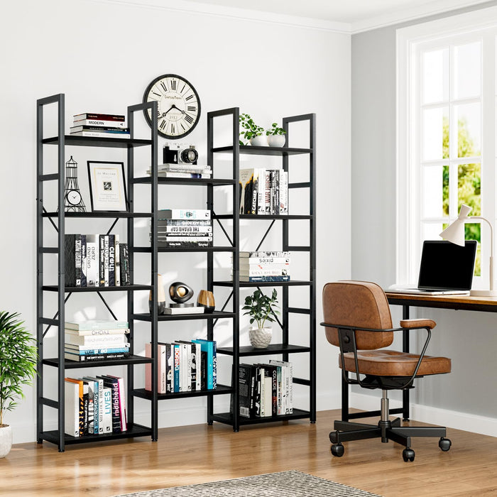 Industrial Black Triple Column Five Tier Bookshelf