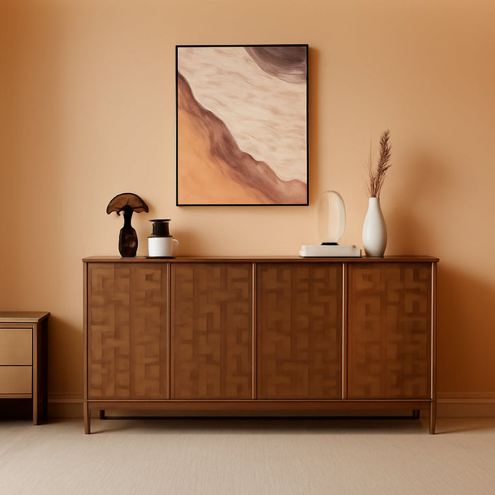 Fluted Sideboard Buffet Cabinet with Storage, 59" Wood Buffet Table with 4 3D-Checkerboard Doors & Adjustable Shelves, Kitchen Dining Room Coffee Bar Cabinet, Mid Century Modern Style, Walnut