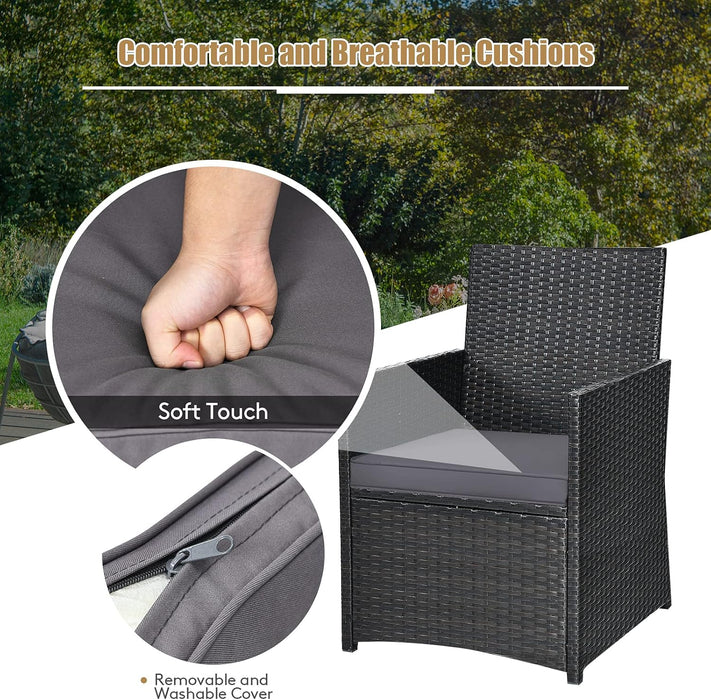 3 Pieces Patio Dining Set, Space-Saving PE Rattan Bistro Set with Tempered Glass Top Table and Cushioned Chairs, Outdoor Conversation Set for Garden Backyard Poolside Porch (Gray)