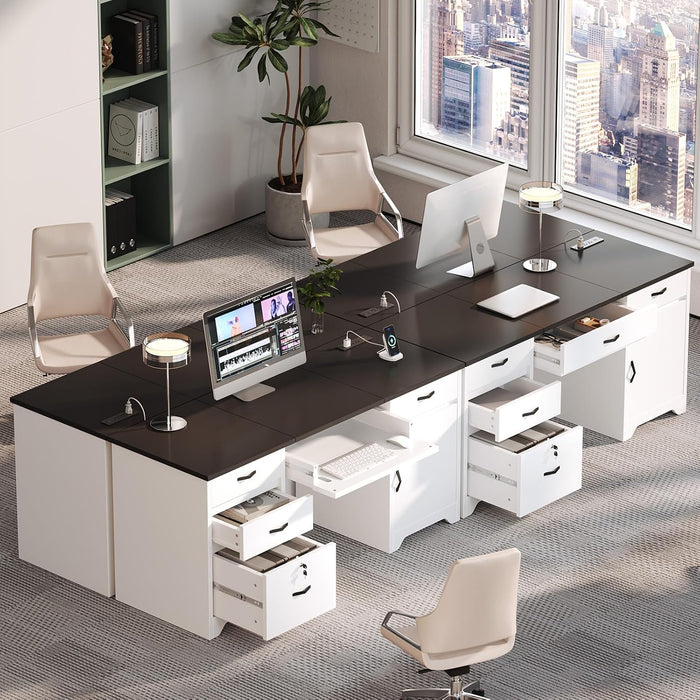 59” Office Desk with Lockable Drawers, Modern Computer Desk with File Drawer, Charging Station & Drop-Front Keyboard Drawer, Executive Desk with Storage Cabinet for Home Office & Studio, White