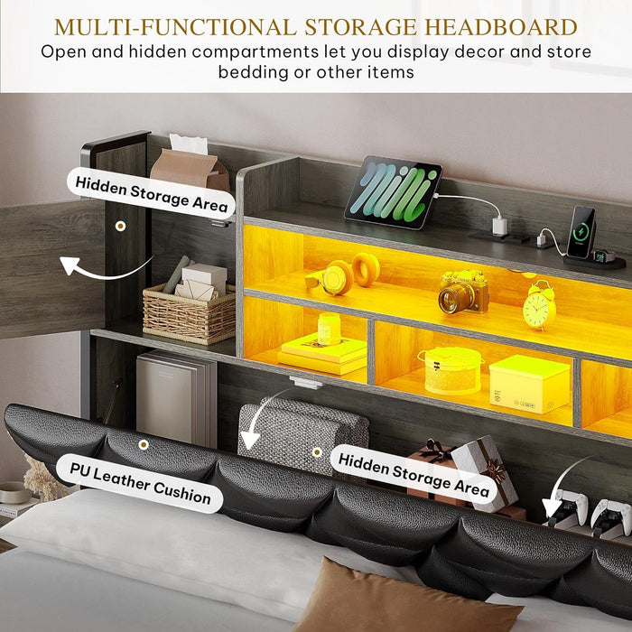Queen Size Bed Frame with RGB LED Lights & Storage Bookcase Headboard, Upholstered Bed with Charging Station and 4 Drawers, No Box Spring Needed, Easy Assembly, Noise-Free, PU Leather Black