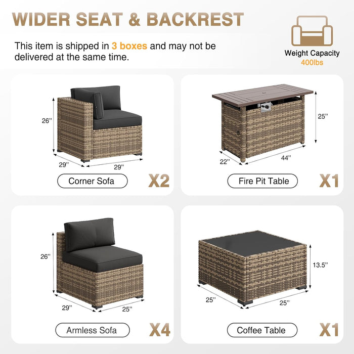 Patio Furniture Sets, 8-Piece Outdoor Patio Furniture with 44'' Propane Gas Firepit Table, Wicker Outdoor Conversation Set Sectional Sofa for Backyard, Poolside, Garden (Black Cushion)