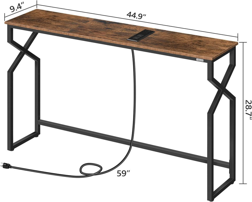 Sofa Console Table, 44.9" Entryway Table with Charging Station, Narrow Couch Table, Hallway Table, Sofa Table with USB Ports, Metal Frame, for Entrance, Living Room, Rustic Brown CTHR113E01