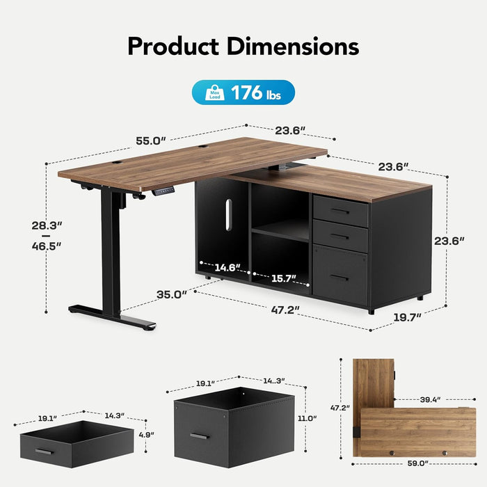 L Shaped Standing Desk, Electric Executive Desk with Drawers, Adjustable Height Stand up Desk, 55″ X 23.6″ One-Whole Piece Desktop, Home Office Computer Desk with 4 Memory Presets, Walnut