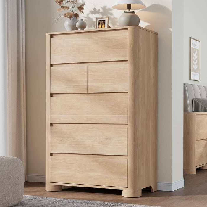 Dresser for Bedroom with 6 Drawers, 48" Tall Modern Chest of Drawers with Unique Thickened Foot, Rounded Corner Design, Wooden Dresser Organizer for Bedroom, Living Room, Hallway, Natural Oak