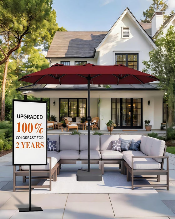 15FT Large Patio Umbrella with Base Included, Outdoor Deck Standing Umbrella with Crank Handle, Double-Side Rectangular Pool Umbrella for Outside, Market, Patio, Burgundy